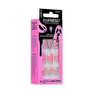 KISS imPRESS Press-On Manicure Halloween, Pink, Short Length, Square Shape, PureFit Technology, Chip Proof, Smudge Proof, Waterproof, Prep Pad, Mini Nail File, Manicure Stick & 30 Fake Nails