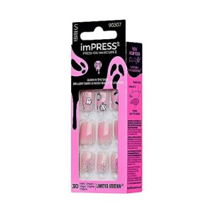 KISS imPRESS Press-On Manicure Halloween, Pink, Short Length, Square Shape, PureFit Technology, Chip Proof, Smudge Proof, Waterproof, Prep Pad, Mini Nail File, Manicure Stick & 30 Fake Nails