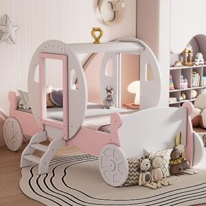twin size girls bed princess bed, little girl cute bed with headboard, wooden platform bed for children bedroom, pink