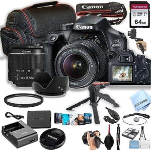 canon eos 4000d / rebel t100 dslr camera w/ef-s 18-55mm f/3.5-5.6 zoom lens + 64gb memory, case, gripster tripodpod, and more (26pc bundle) (renewed)