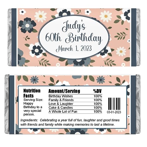 Personalized Candy Wrappers for Chocolate, Floral Party Favors, Pack of 20 Custom Hershey Bar Labels