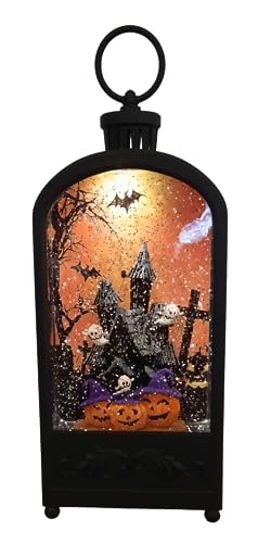 Gerson Lighted Halloween Water Lantern Snow Globe with Continuous Swirling Glitter - Haunted House Scene Ghosts Pumpkins