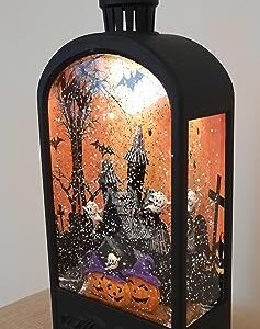 Gerson Lighted Halloween Water Lantern Snow Globe with Continuous Swirling Glitter - Haunted House Scene Ghosts Pumpkins