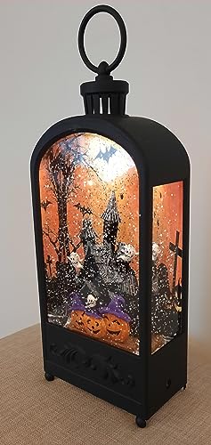 Gerson Lighted Halloween Water Lantern Snow Globe with Continuous Swirling Glitter - Haunted House Scene Ghosts Pumpkins