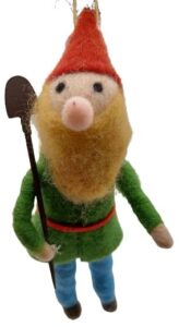 onholiday felt gnome in green shirt with garden shovel hanging christmas tree ornament