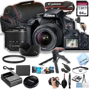 canon rebel t100 / eos 4000d dslr camera w/ef-s 18-55mm f/3.5-5.6 zoom lens + 64gb memory, case, gripster tripodpod, and more (26pc bundle)