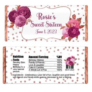 personalized candy wrappers for chocolate, floral party favors, pack of 20 custom hershey bar labels (rose gold)