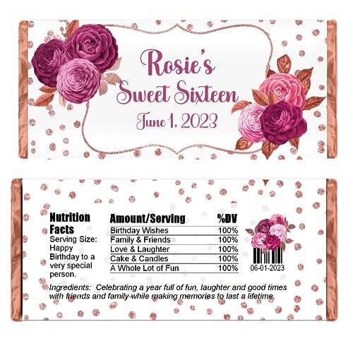 Personalized Candy Wrappers for Chocolate, Floral Party Favors, Pack of 20 Custom Hershey Bar Labels (Rose Gold)