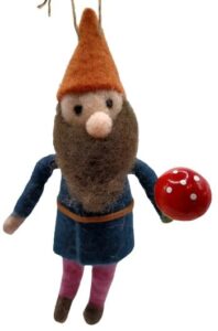 onholiday felt gnome in dark blue shirt holding mushroom hanging christmas tree ornament