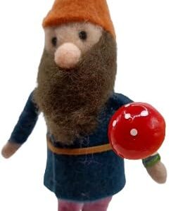 OnHoliday Felt Gnome in Dark Blue Shirt Holding Mushroom Hanging Christmas Tree Ornament