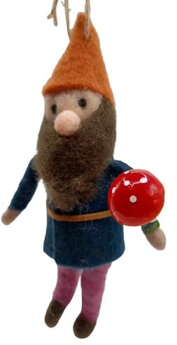 OnHoliday Felt Gnome in Dark Blue Shirt Holding Mushroom Hanging Christmas Tree Ornament