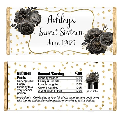 Personalized Candy Wrappers for Chocolate, Floral Party Favors, Pack of 20 Custom Hershey Bar Labels (Black)