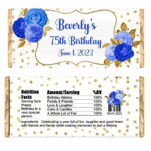 personalized candy wrappers for chocolate, floral party favors, pack of 20 custom hershey bar labels (blue/gold)