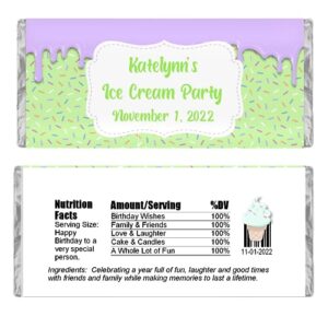 ice cream party personalized candy wrappers for chocolate, baby sprinkle favors, pack of 20 custom hershey bar labels (green/purple)