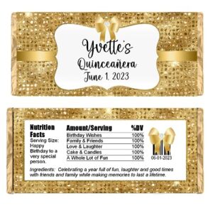 Personalized Candy Wrappers for Chocolate, Birthday Party Favors, Pack of 20 Custom Hershey Bar Labels (Gold)