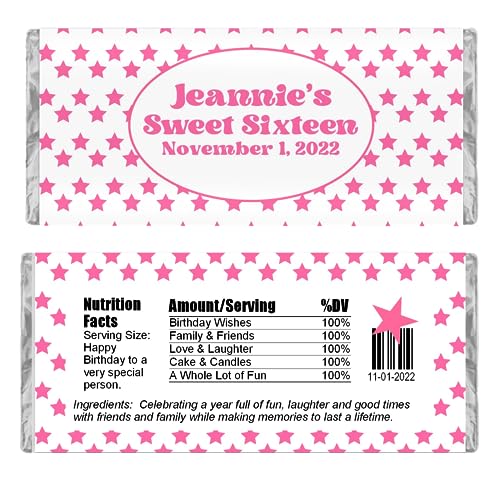 Personalized Candy Wrappers for Chocolate, Pink Star Birthday Party Favors, Pack of 20 Custom Hershey Bar Labels