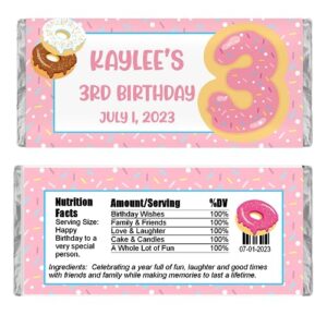 personalized candy wrappers for chocolate, donut birthday party favors, pack of 20 custom hershey bar labels (pink)