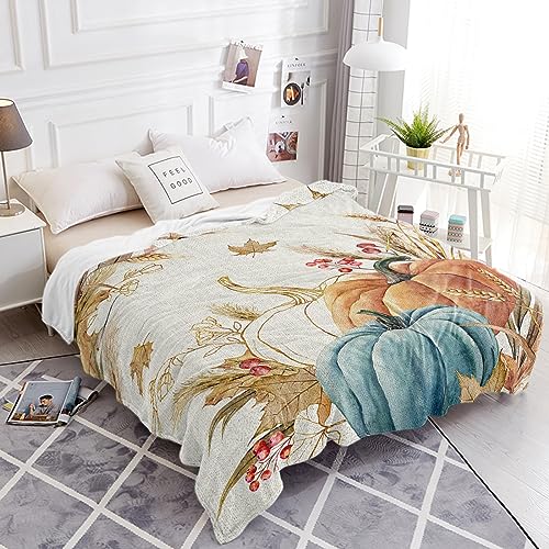 Throw Blanket- Autumn Thanksgiving Soft Warm Plush Fleece Bed Throw,60x80In Flannel Blankets Farm Pumpkins Wheat Fall Harvest Bedding Throws for Women/Men Bedroom Living Room Office Vintage Cotton