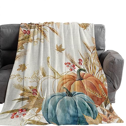 Throw Blanket- Autumn Thanksgiving Soft Warm Plush Fleece Bed Throw,60x80In Flannel Blankets Farm Pumpkins Wheat Fall Harvest Bedding Throws for Women/Men Bedroom Living Room Office Vintage Cotton