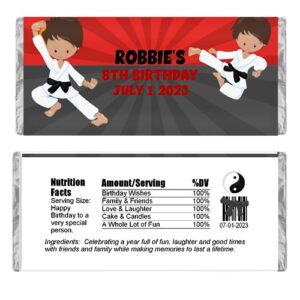 personalized candy wrappers for chocolate, karate party favors, pack of 20 custom hershey bar labels (red/boy)
