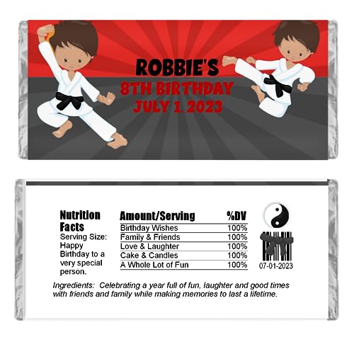 Personalized Candy Wrappers for Chocolate, Karate Party Favors, Pack of 20 Custom Hershey Bar Labels (Red/Boy)