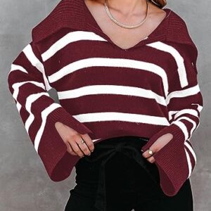 SHEWIN Womens Fashion Sexy V Neck Sweater Casual Bell Sleeve Cute Knit Tops Lapel Collar Winter Clothes for Women 2023 Biking Red Large