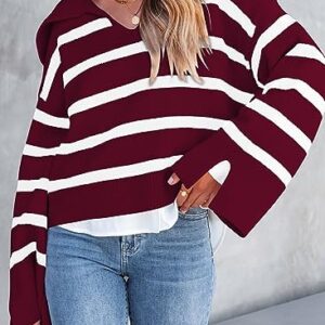 SHEWIN Womens Fashion Sexy V Neck Sweater Casual Bell Sleeve Cute Knit Tops Lapel Collar Winter Clothes for Women 2023 Biking Red Large