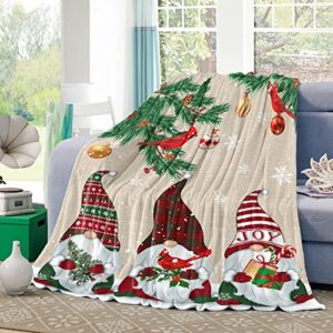 throw blanket- christmas gnomes elf soft warm plush fleece bed throw,50x60in flannel blankets xmas pine tree red cardinal snowflake bedding throws for women/men bedroom living room office retro linen