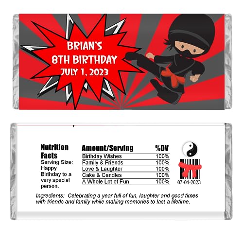 Personalized Candy Wrappers for Chocolate, Ninja Party Favors, Pack of 20 Custom Hershey Bar Labels