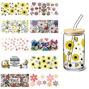 uv dtf cup wrap, 10 sheets flower butterfly bee coffee cup rub on transfers for glass cups, uv dtf cup wrap transfer stickers decals waterproof rub on transfers for glass cups crafts vintage