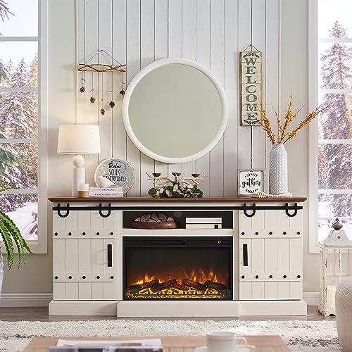 OKD Fireplace TV Stand for 75 80 Inch TV, Farmhouse Entertainment Center with Sliding Barn Doors, Rustic Media Console Table with Storage Cabinets for Living Room, Antique White