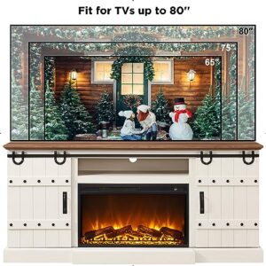 OKD Fireplace TV Stand for 75 80 Inch TV, Farmhouse Entertainment Center with Sliding Barn Doors, Rustic Media Console Table with Storage Cabinets for Living Room, Antique White