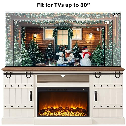 OKD Fireplace TV Stand for 75 80 Inch TV, Farmhouse Entertainment Center with Sliding Barn Doors, Rustic Media Console Table with Storage Cabinets for Living Room, Antique White