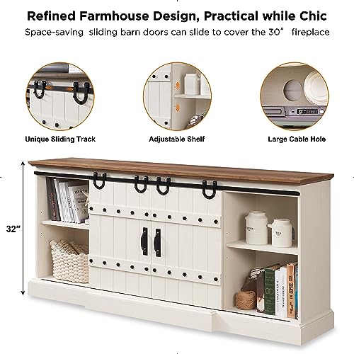 OKD Fireplace TV Stand for 75 80 Inch TV, Farmhouse Entertainment Center with Sliding Barn Doors, Rustic Media Console Table with Storage Cabinets for Living Room, Antique White