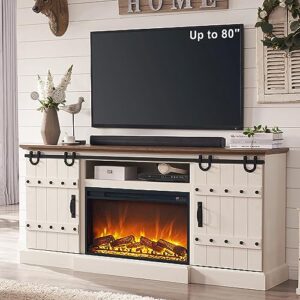 OKD Fireplace TV Stand for 75 80 Inch TV, Farmhouse Entertainment Center with Sliding Barn Doors, Rustic Media Console Table with Storage Cabinets for Living Room, Antique White