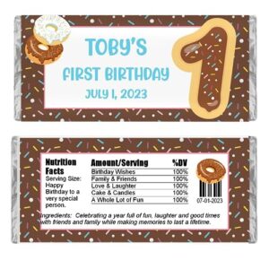 personalized candy wrappers for chocolate, donut birthday party favors, pack of 20 custom hershey bar labels (brown)