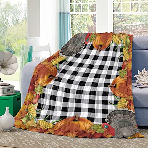 Throw Blanket- Thanksgiving Turkey Pumpkins Corn Soft Warm Plush Fleece Bed Throw,50x60In Flannel Blankets Farm Fall Harvest Bedding Throws for Women/Men Bedroom Living Room Office Classic Checkered