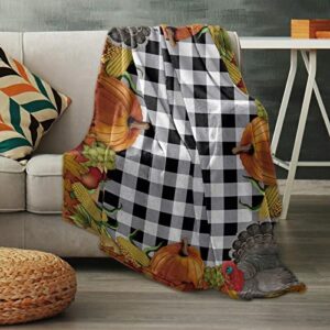 Throw Blanket- Thanksgiving Turkey Pumpkins Corn Soft Warm Plush Fleece Bed Throw,50x60In Flannel Blankets Farm Fall Harvest Bedding Throws for Women/Men Bedroom Living Room Office Classic Checkered