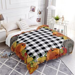 Throw Blanket- Thanksgiving Turkey Pumpkins Corn Soft Warm Plush Fleece Bed Throw,50x60In Flannel Blankets Farm Fall Harvest Bedding Throws for Women/Men Bedroom Living Room Office Classic Checkered