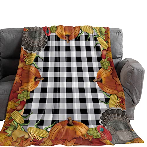 Throw Blanket- Thanksgiving Turkey Pumpkins Corn Soft Warm Plush Fleece Bed Throw,50x60In Flannel Blankets Farm Fall Harvest Bedding Throws for Women/Men Bedroom Living Room Office Classic Checkered