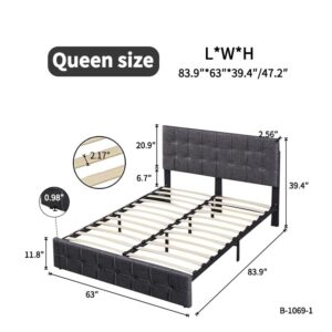 Oudiec Modern Upholstered Queen Size Bed Frame with Adjustable Headboard,Heavy Duty Button Tufted Bed Frame with Wood Slat Support for Dorm,Bedroom,Guest Room, Grey