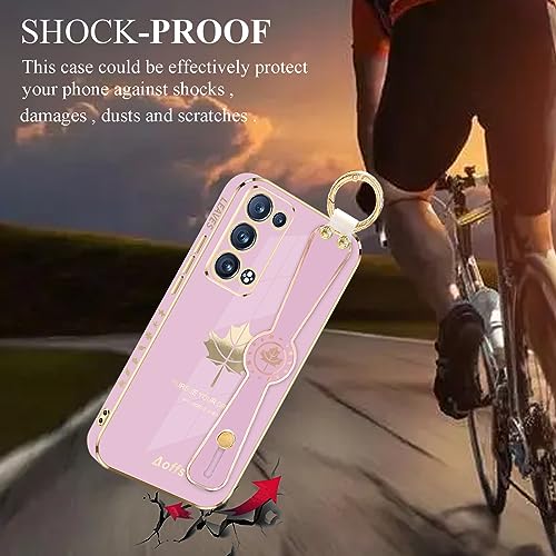 Kainevy Phone Case for Oppo Reno 6 Pro 5G Case Aesthetic Silicone Shockproof for Women Protector Cover Oppo Reno 6 Pro 5G Phone Case Slim with Ring Wrist Starp Maple Leaf Pattern Design (Purple)