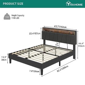 YITAHOME Queen Size Bed Frame, LED Bed Frame with Storage Upholstered Headboard, Platform Bed with Outlet & USB Ports, No Box Spring Needed, Easy Assembly, Grey