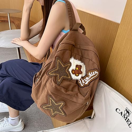 Juoxeepy Canvas Backpack for Women Men Vintage Brown Backpack Grunge Aesthetic College Laptop Backpack Solid Color Everyday Backpack Travel Daypack Rucksack