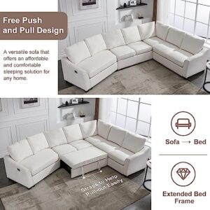 ERYE 129.5" L-Shaped Sofa W/Pull USB Charging Port, Modern Functional Corner Sectional Convertible Sleeper & Couch Bed for Home Apartment Living Room, Beige