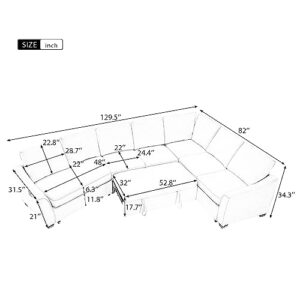 ERYE 129.5" L-Shaped Sofa W/Pull USB Charging Port, Modern Functional Corner Sectional Convertible Sleeper & Couch Bed for Home Apartment Living Room, Beige