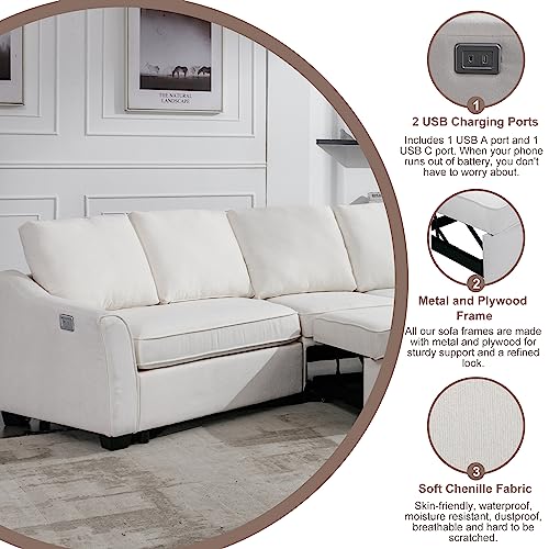 ERYE 129.5" L-Shaped Sofa W/Pull USB Charging Port, Modern Functional Corner Sectional Convertible Sleeper & Couch Bed for Home Apartment Living Room, Beige