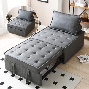 nioiikit convertible pull out sleeper sofa bed, modern pu leather 2-in-1 single lazy sofa, ottoman with backrest and pillow for living room, bedroom, office, lounge (dark grey pu)