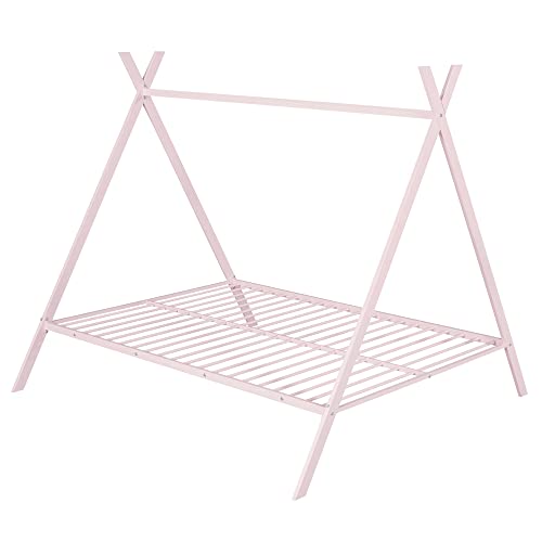 TARTOP Full Size House Bed Metal Tent Bed Frame, Floor Play House Bed Frame with Slat, Platform Bed for Kids Girls Boys, Teens No Box Spring Needed,Pink
