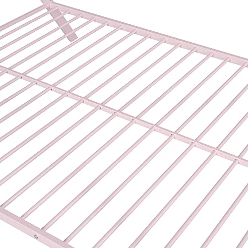 TARTOP Full Size House Bed Metal Tent Bed Frame, Floor Play House Bed Frame with Slat, Platform Bed for Kids Girls Boys, Teens No Box Spring Needed,Pink